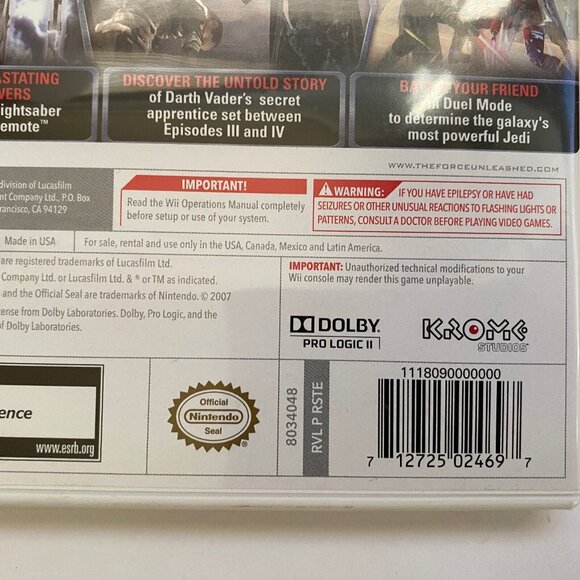 Star Wars The Force Unleashed Nintendo Wii 2008 CIB - Picture 3 of 4